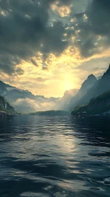 Sunlit mountain fjord with reflective water at dusk.