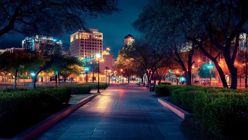 Neon city promenade glows under tranquil midnight skies