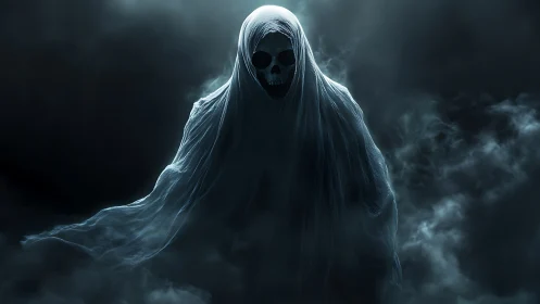 Volumetric spectral reaper emerging from turbulent mist field.