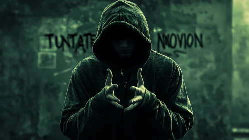 Hooded figure in dark alleyway with outstretched hands.