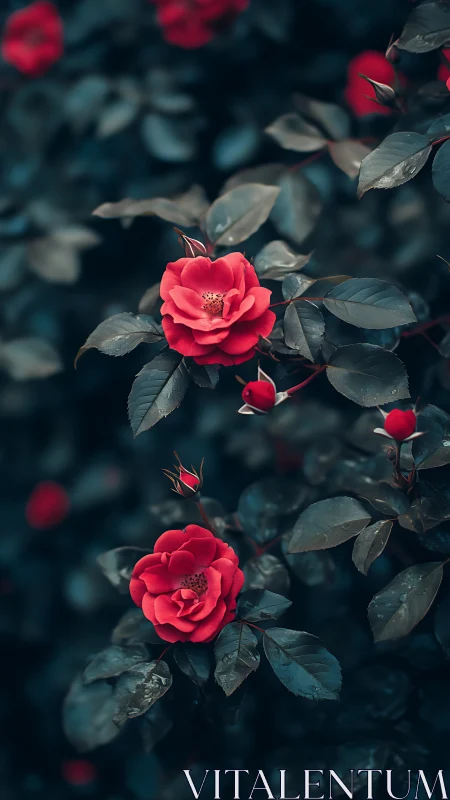 Crimson Whispers: Roses Blooming Through Teal Reverie.