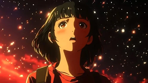 Stargazing anime girl in dramatic chiaroscuro against nebula sky