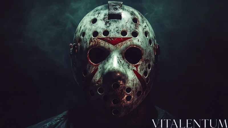 Hockey mask portrait in moody horror atmosphere.