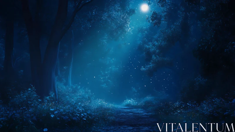 Moonlit Forest Path Through Blue Woods