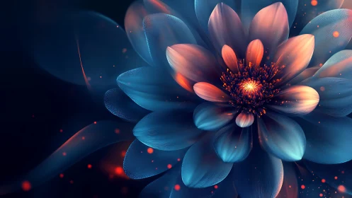 Iridescent digital flower bloom in neon blue and coral glow.