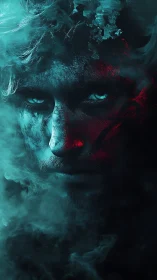 Enigmatic male face emerges through cyan smoke and red light