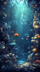 Clownfish drift through a luminous, enchanted reef cavern.