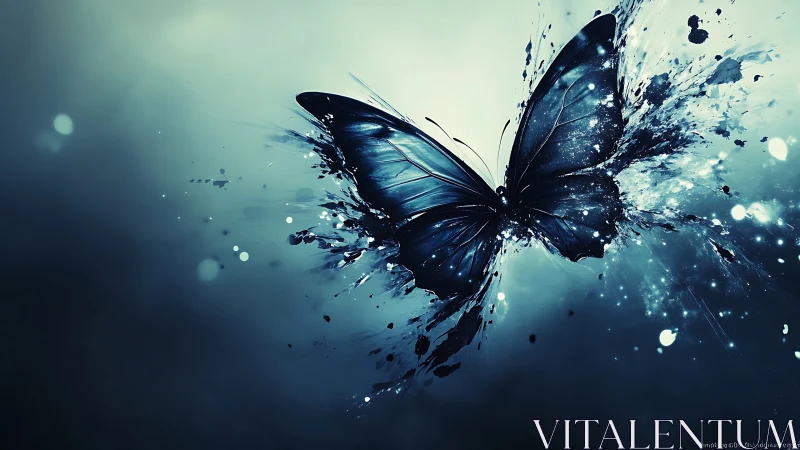 Shimmering midnight butterfly bursting into glowing stardust.