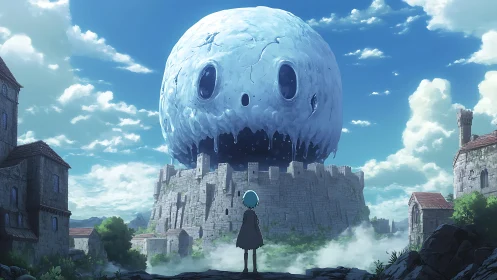 Solitary wanderer confronts colossal melting orb above ruins