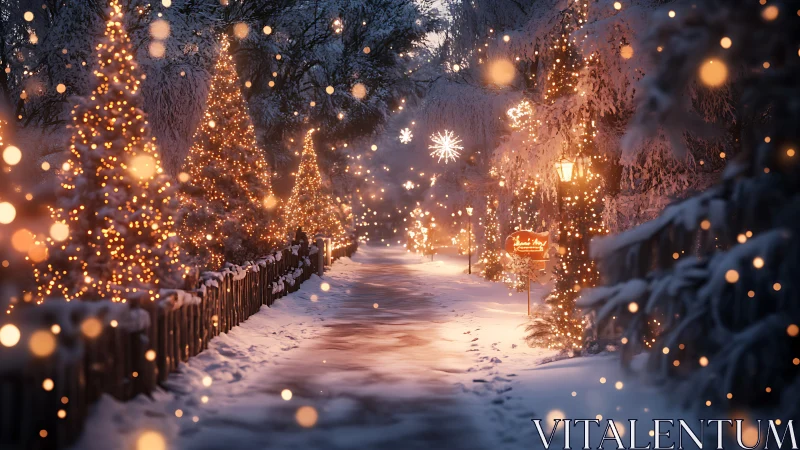 Snowy winter path glows with warm golden festive lights.