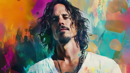 Male figure rendered against saturated abstract color field