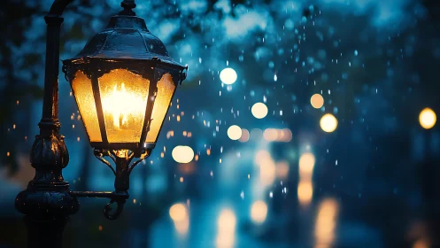 Lantern glow cuts through rainy blue city night. Period.