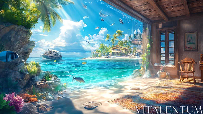 Tropical ocean scene flowing directly into cozy room.