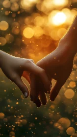 Hands Intertwined Against Golden Bokeh Backdrop. Connection.