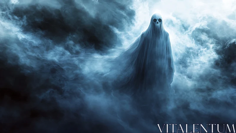 Mysterious ghostly wanderer drifts gently through swirling mist