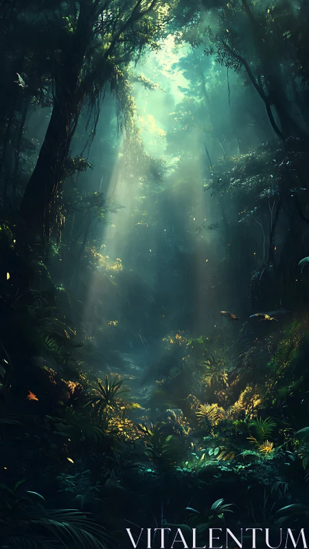 Enchanted Forest Glow Through Misty Canopy Light