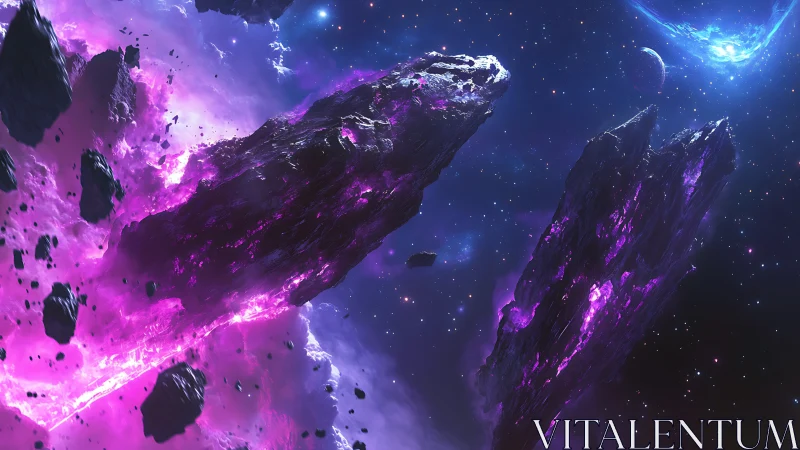 Shattered violet asteroids drift through a luminous nebula