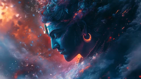 Divine blue visage emerges from cosmic fire and swirling mist.