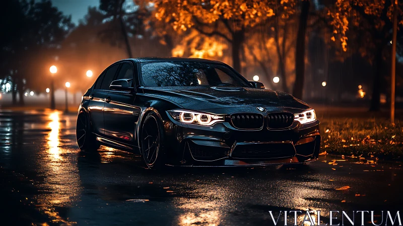 Midnight performance sedan under glowing autumn streetlights.
