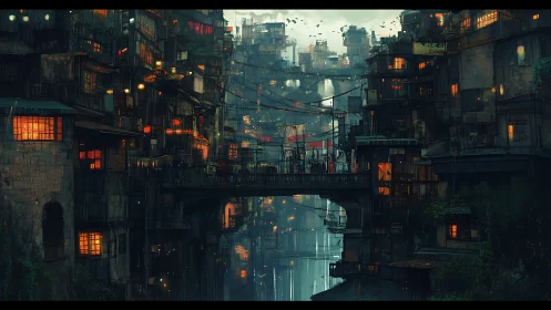 Layered cyberpunk slum bridges with neon-lit stacked housing.