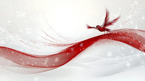 Red bird on abstract red winter wave background artwork.