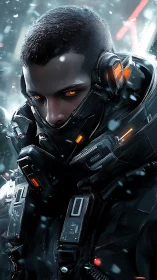 Cybernetic sentinel portrait in neon-lit tactical exosuit design.