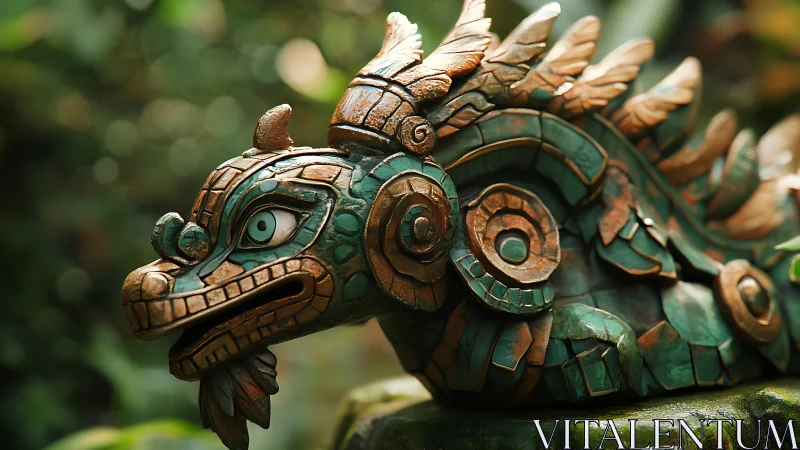 Dragon-like mosaic sculpture head rests in outdoor foliage