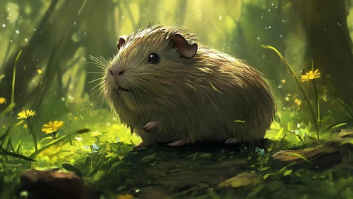 Backlit forest guinea pig rendered with high-detail digital brushwork.