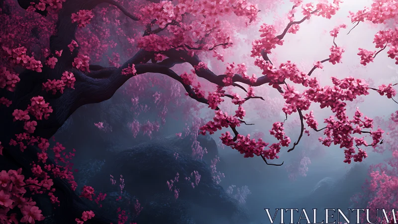 Dreamy twilight grove under a canopy of pink blossoms.