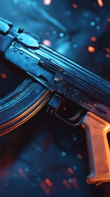 Rifle receiver and magazine lit by blue and orange sparks