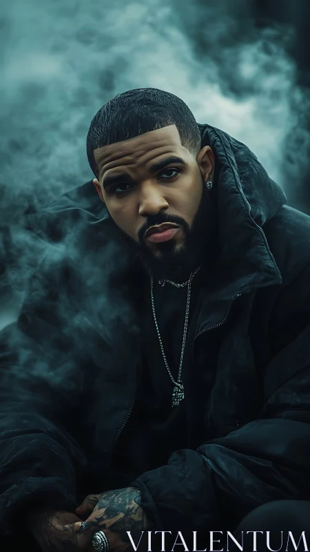 Man in dark outerwear seated in dense atmospheric smoke.