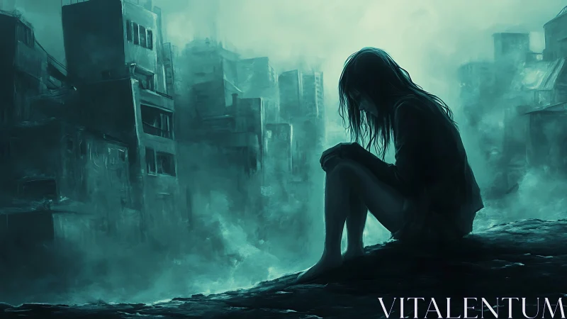 Solitary figure in misted post-apocalyptic cityscape silhouette