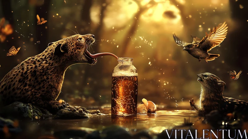 Enchanted forest animals gather around glowing honey jar.