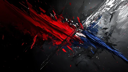 Dynamic abstract art with red, blue, and white brushstrokes on black.