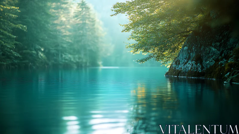 Still forest lake with overhanging tree and rocky shoreline.