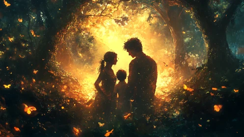 Family Silhouette in Enchanted Forest Tunnel with Golden Luminescence.