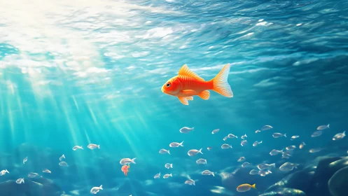 Golden fish glides through sunlit blue water in tranquil depth