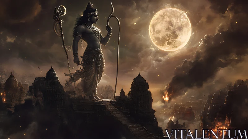 Moonlit warrior deity above burning temple cityscape.