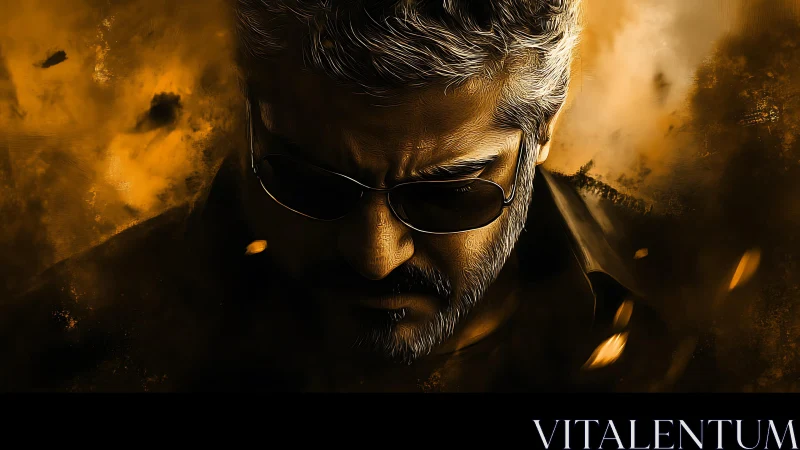 Cinematic male portrait in fiery gold smoke, sunglasses, vignetting