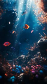 Sunlit clownfish drifts through a jeweled cathedral reef