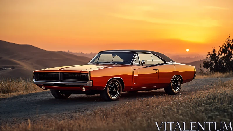 Classic muscle car on rural road at vivid sunset horizon.
