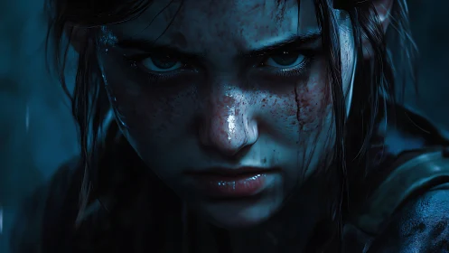 Determined young fighter with bloodied, rain soaked face.