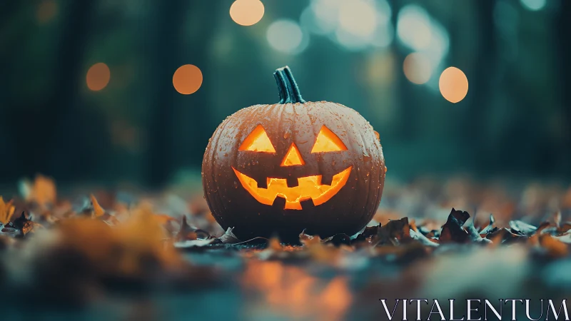 Carved jack o lantern on wet autumn leaves outdoors at dusk.