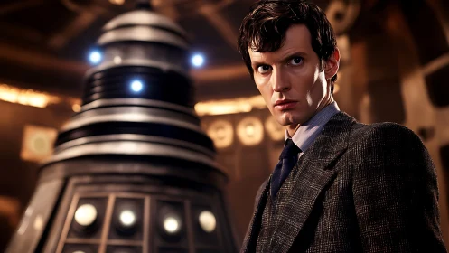 Serious man confronts futuristic robot in warm studio light.