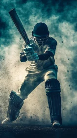 Stormlit cricket striker carving power from swirling dust.