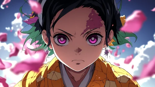 Determined anime girl faces storm of drifting petals