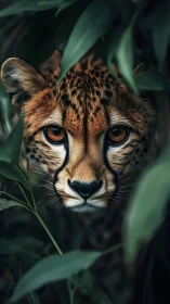 Gentle cheetah gaze peeking softly through jungle leaves.