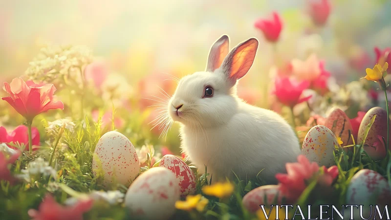Luminous spring rabbit amid speckled eggs in shallow focus meadow.