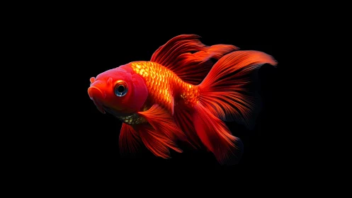 Elegant red goldfish with flowing fins on black background.
