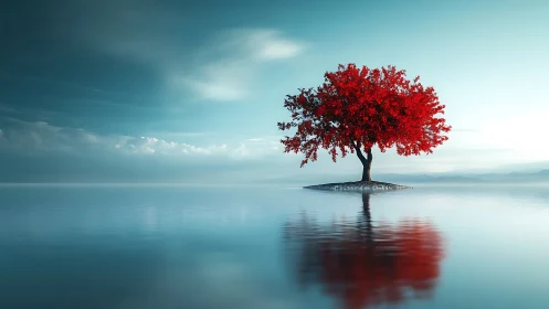 Solitary red tree glows above tranquil glassy water horizon.